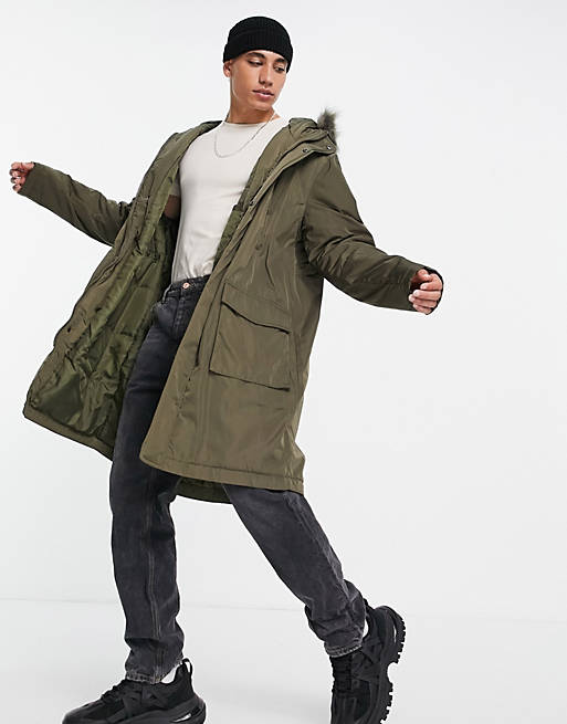 ASOS parka jacket in green faux-fur trim hood | ASOS