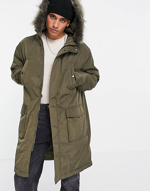 Asos Design Parka Jacket In Green With, Mens Parka Coats With Fur Hood Asos
