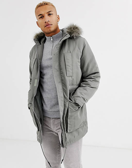 Asos Design Parka Jacket In Grey With, Mens Parka Coats With Fur Hood Asos