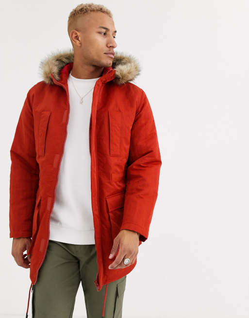 Asos Design Parka Jacket In Orange With Faux Fur Lining Asos