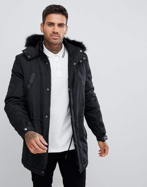 ASOS DESIGN parka jacket with faux fur trim in black | ASOS