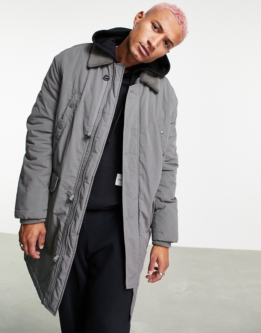 ASOS DESIGN parka jacket with tonal shearling collar in light gray-Grey