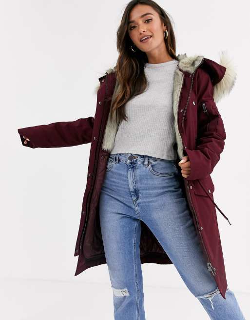 ASOS DESIGN - Parka met afneembare voering van imitatiebont in donkerrood