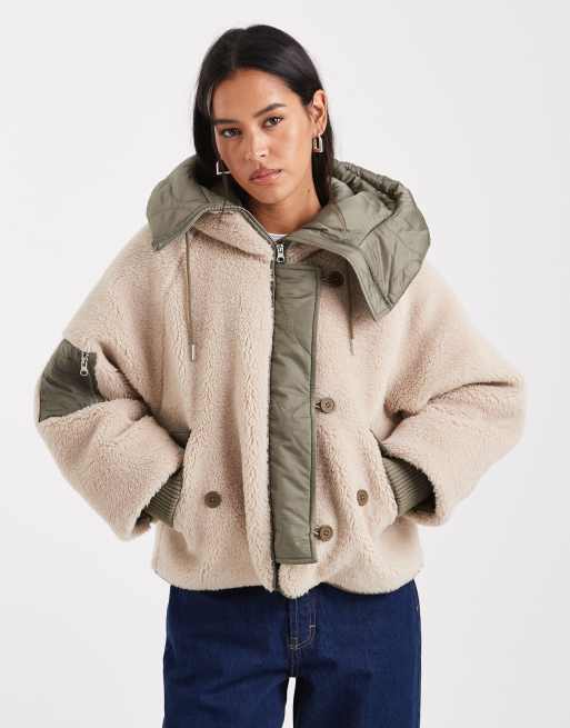 ASOS DESIGN - Parka van borg met ritsbare capuchon in kaki, 2 van 5