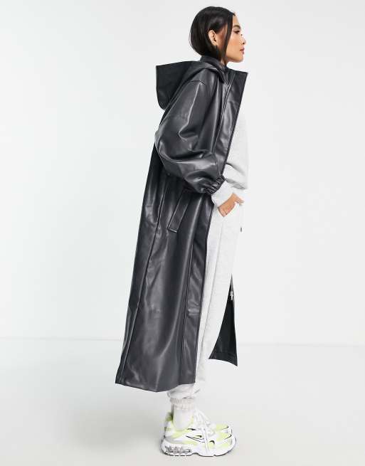 ASOS DESIGN - Parka van imitatieleer met lange pasvorm in donkergrijs