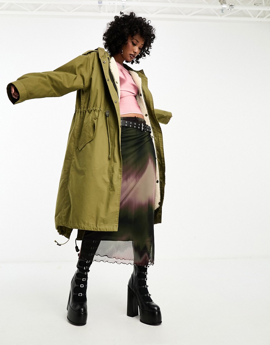 Asos Design Parka With Detachable Borg Lining In Olive-green