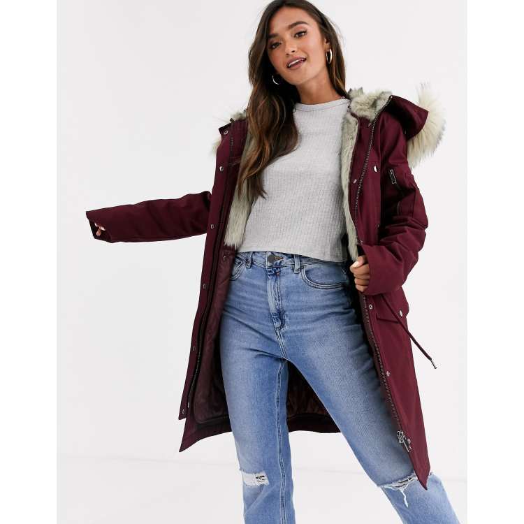 ASOS DESIGN parka with detachable faux fur liner in oxblood