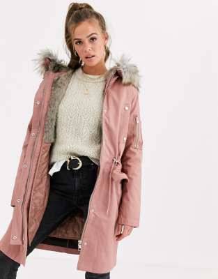 ASOS DESIGN parka with detachable faux fur liner-Pink