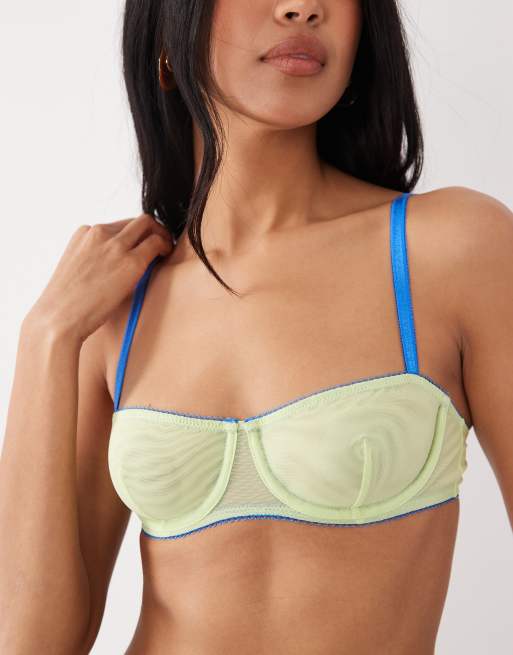 ASOS DESIGN Parker sheer mesh underwire balcony bra with contrast trim in lime & cobalt, 2 of 4