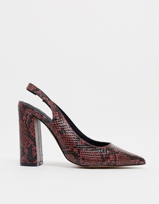 ASOS DESIGN Parson slingback high block heels in burgundy snake