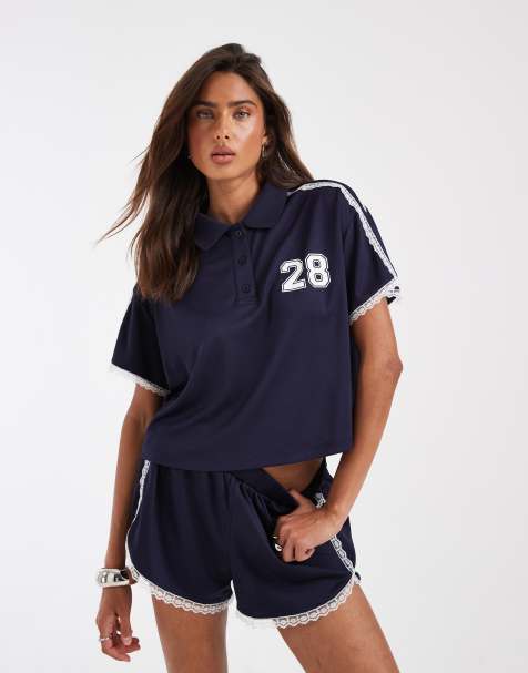 ASOS DESIGN - Parte de un conjunto - Polo azul marino deportivo de tricot con detalle de encaje - view 1