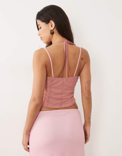 ASOS DESIGN - Parte de un conjunto - Top corsetero rosa con diseño en contraste de malla, 4 de 4