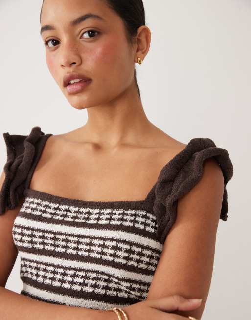 ASOS DESIGN - Parte de un conjunto - Top marrón chocolate y blanco a rayas con escote Bardot y volantes, 3 de 4