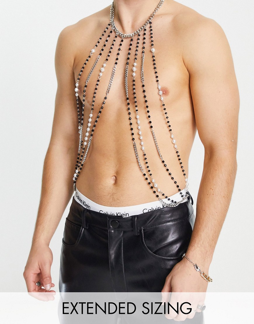 ASOS DESIGN party body harness with beaded detail in black and white