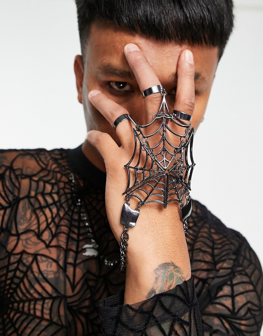 ASOS DESIGN party hand harness with cobweb and spider rings in gunmetal-Black