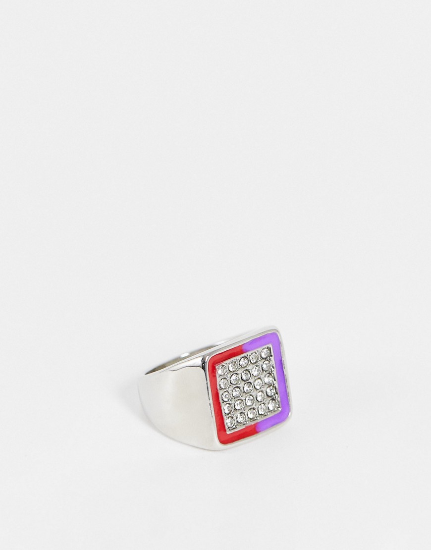 ASOS DESIGN party square signet ring with crystal pave and pink ombre enamel in silver tone