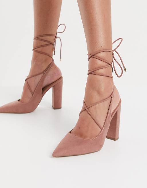 ASOS DESIGN – Pascal – Mullvadsgrå blockklackar med knytning runt benet