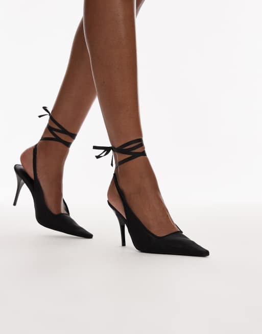 ASOS DESIGN - Pascha - Sorte pumps med bindebånd om benet og kantet spids tå i mesh