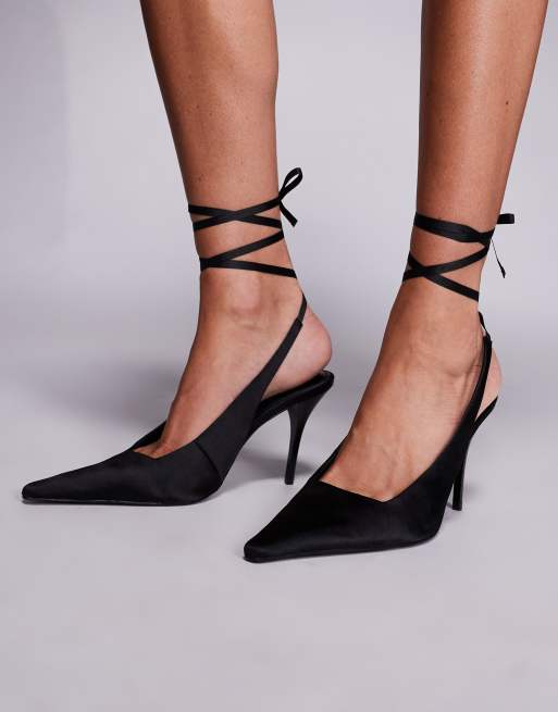 ASOS DESIGN Pascha tie leg snipped toe court shoe in black satin