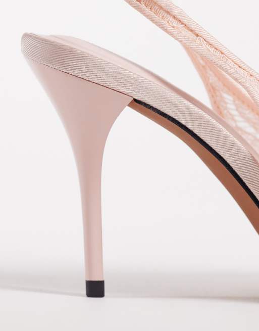 ASOS DESIGN Pascha tie leg snipped toe heeled pumps in pink lace, 2 of 4
