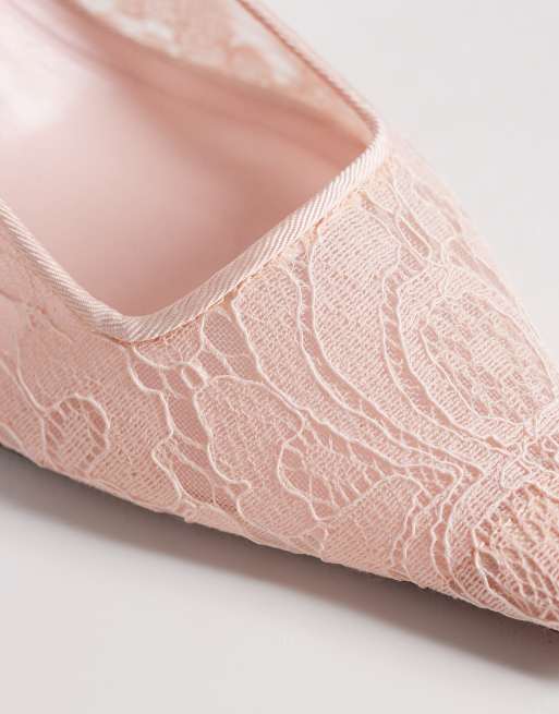 ASOS DESIGN Pascha tie leg snipped toe heeled pumps in pink lace, 3 of 4