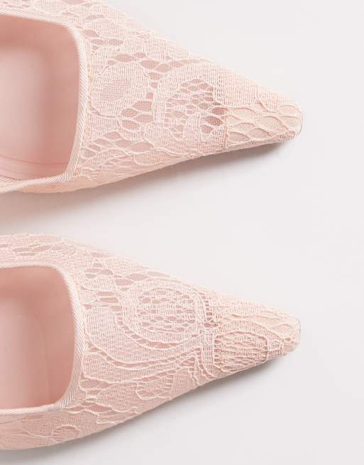 ASOS DESIGN Pascha tie leg snipped toe heeled pumps in pink lace, 4 of 4