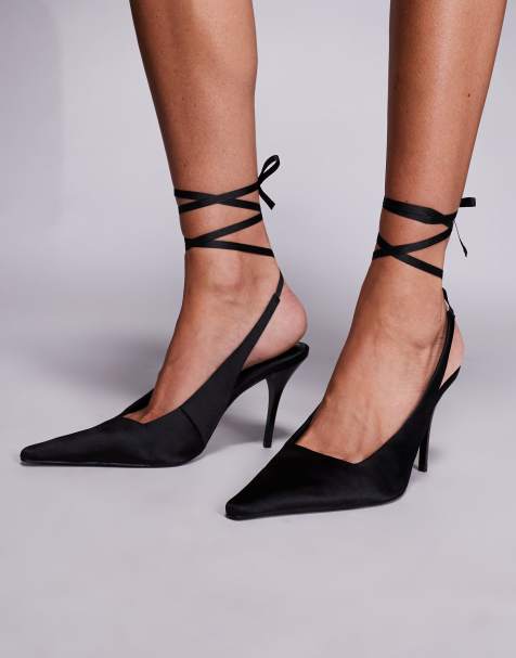 ASOS DESIGN Pascha tie leg snipped toe pumps in black satin - view 1