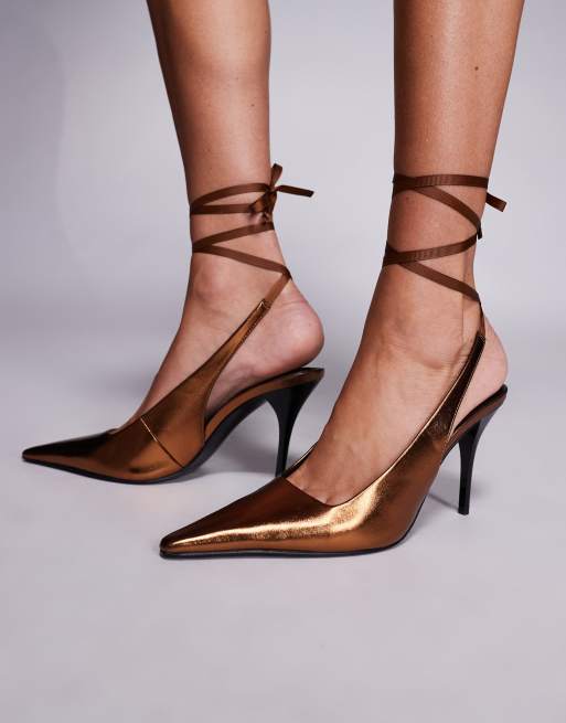 ASOS DESIGN Pascha tie leg snipped toe pumps in bronze