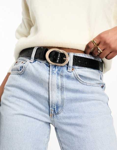 ASOS DESIGN – Pasek na biodra i talię z efektem skóry krokodyla z klamrą z dwoma obręczami - view 1
