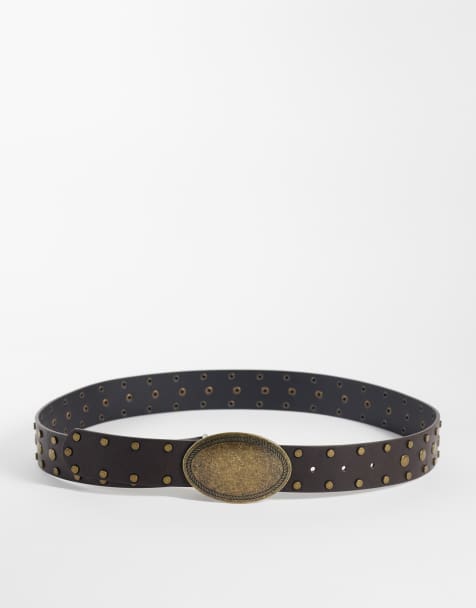 ASOS DESIGN pasek w stylu western z klamrą i ćwiekami ze skóry ekologicznej w kolorze brązowym - view 1
