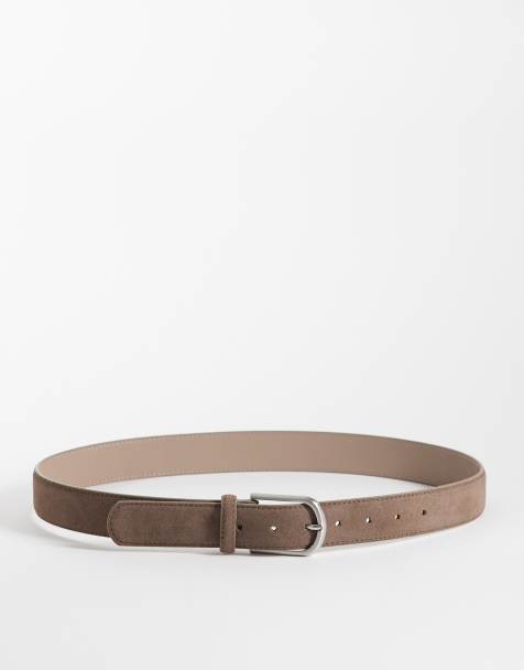 ASOS DESIGN pasek z prawdziwego zamszu z zaokrągloną klamrą w kolorze taupe - view 1