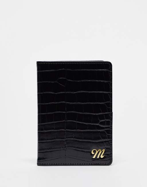ASOS DESIGN passport holder in black croc with personalised M initial
