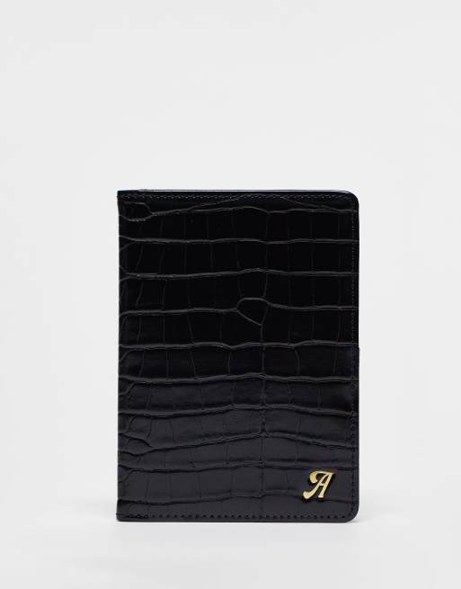 ASOS DESIGN passport holder in black croc with personalized A initial
