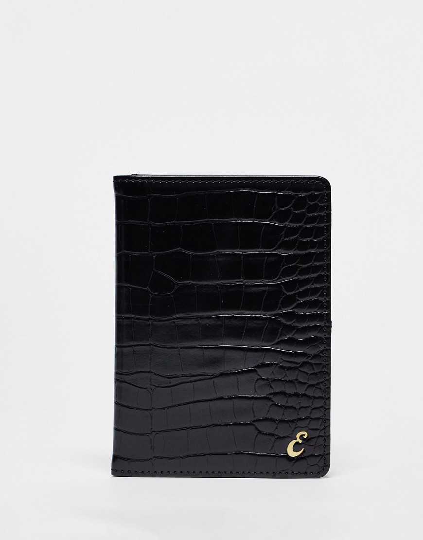 ASOS DESIGN passport holder in black croc with personalized E initial