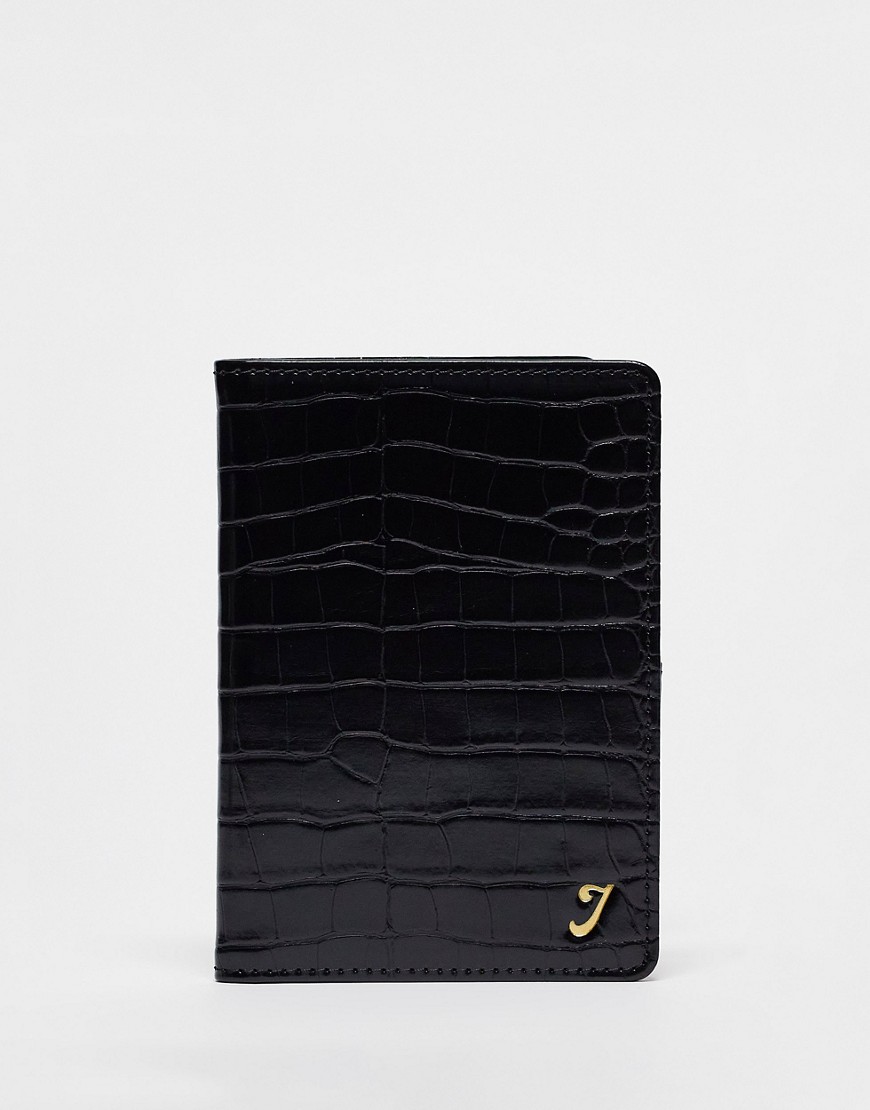 ASOS DESIGN passport holder in black croc with personalized J initial
