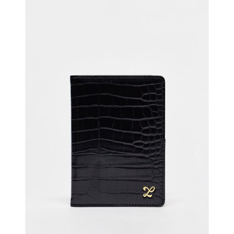 ASOS DESIGN passport holder in black croc with personalized L initial