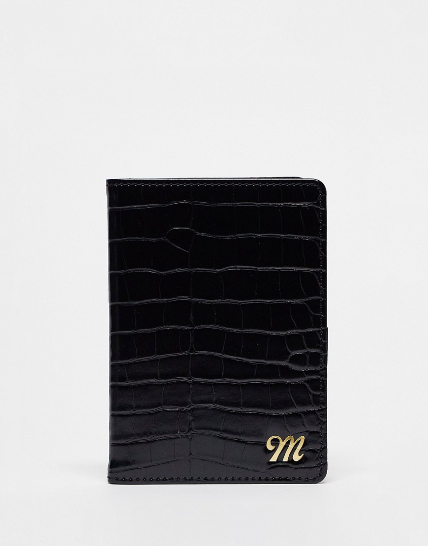ASOS DESIGN passport holder in black croc with personalized M initial