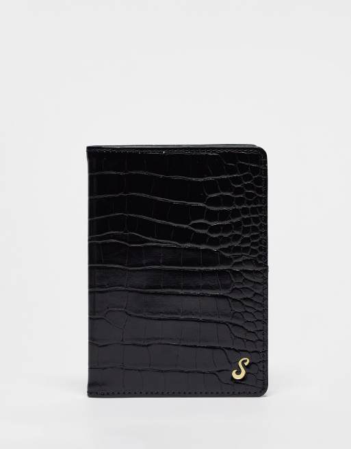 ASOS DESIGN passport holder in black croc with personalized S initial
