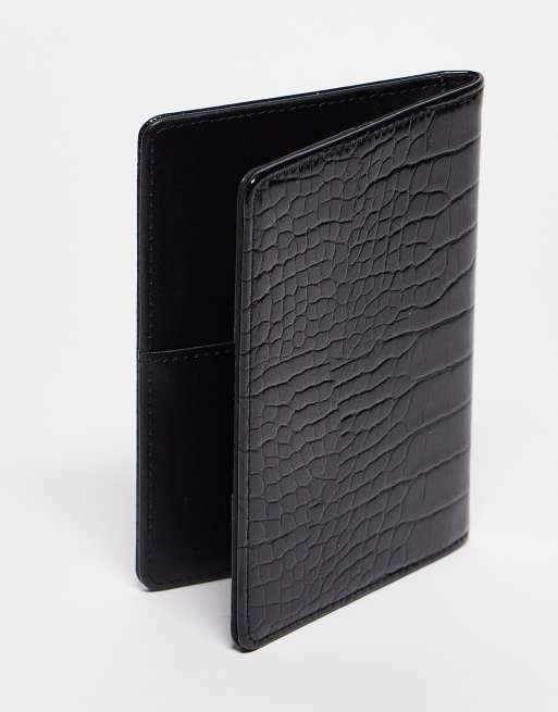 ASOS DESIGN passport holder in black croc with personalized L initial