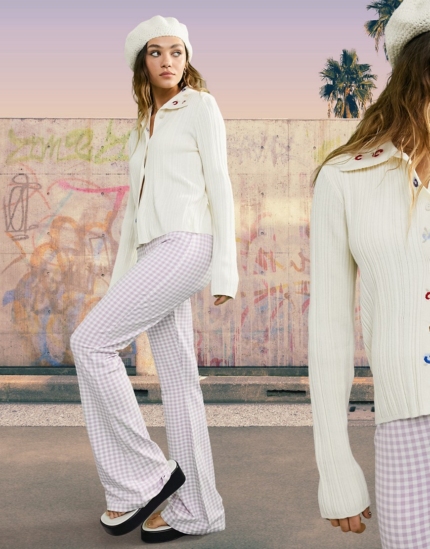 ASOS DESIGN pastel check flare pants in lilac-Purple