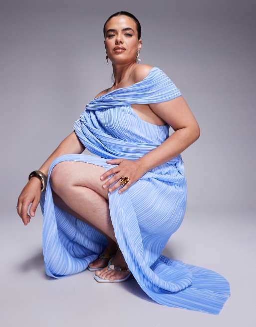 ASOS DESIGN - Pastelblå midikjole med draperede skuldre, slå-om-nederdel og plisseringer