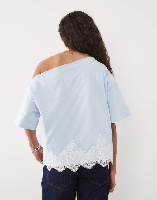 ASOS DESIGN - Pastelblå top med sænket skulder og blondekant, 4 af 4