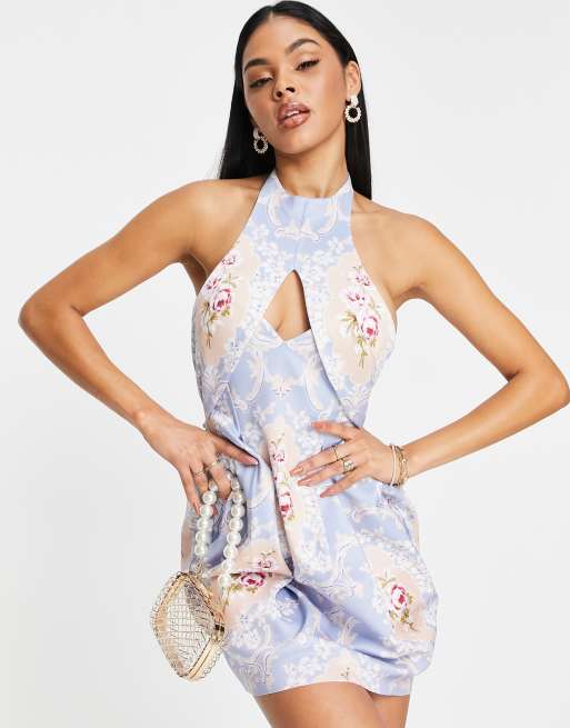 ASOS DESIGN - Pastelfarvet tulipanformet rygløs minikjole med royalt print