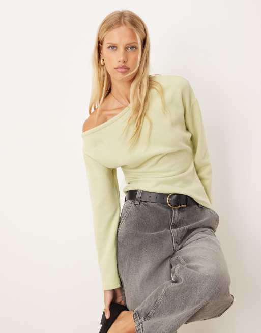 ASOS DESIGN - Pastelgrøn blød offshoulder-kjole med lange ærmer og korsettalje