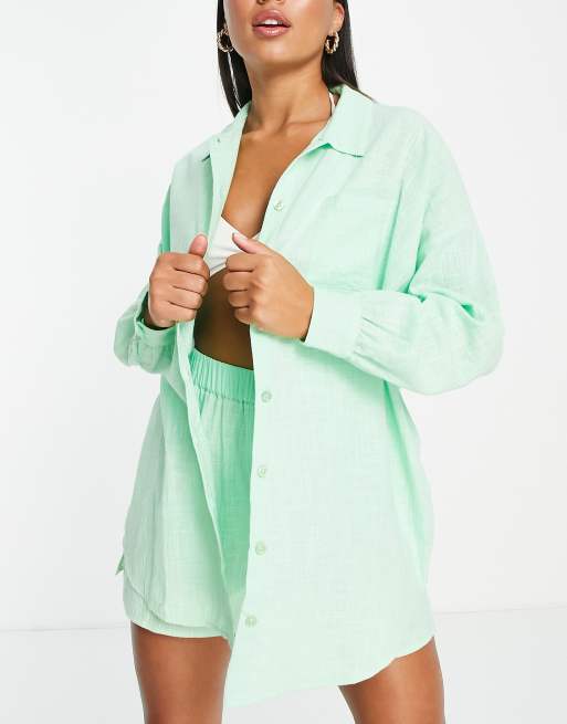 ASOS DESIGN – Pastellgrön strandskjorta med textur och knäppning