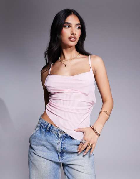 ASOS DESIGN – Pastellgul topp i skir mesh med volym, smala axelband och drapering framtill - view 1