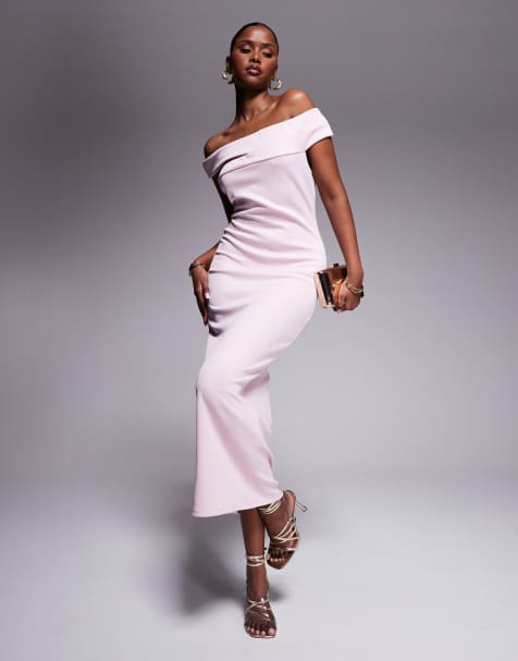 ASOS DESIGN – Pastellrosa midiklänning i scubaliknande tyg med bardotringning och detalj - view 1