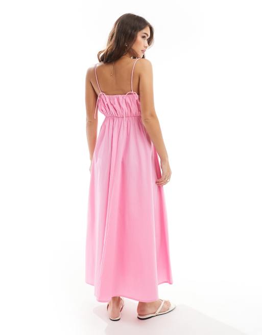ASOS DESIGN – Pastellrosa sommarklänning i maxilängd med rynkad byst och justerbara band, 3 av 4