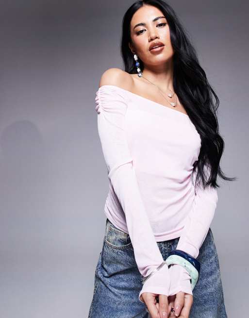 ASOS DESIGN – Pastellrosa topp i mesh med bara axlar och rysch