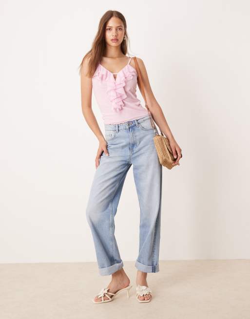 ASOS DESIGN - Pastellyserød cami-top med flæser i mesh, 3 af 4